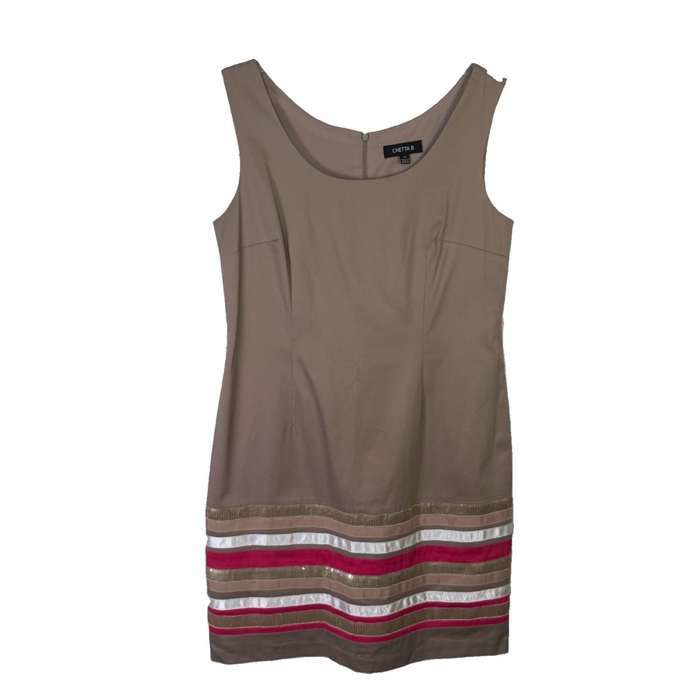 Chetta B Midi Dress Womens 14 Beige With Bottom Stripes, Sleeveless Zip Lined